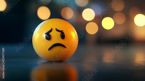 Sad Emoticon 3D rendered with blurred bokeh background