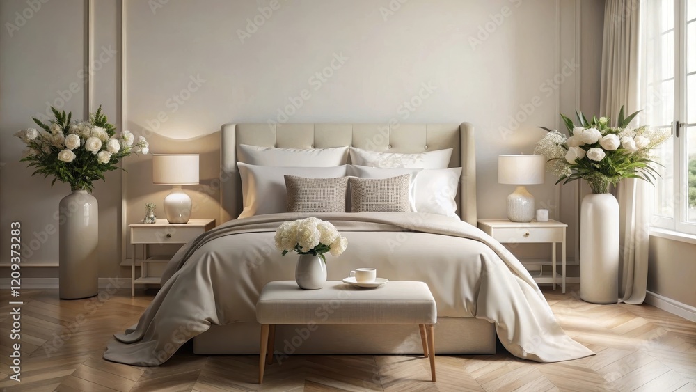 Fototapeta premium Serene Bedroom Decor Elegant Neutral Tones, Plush Bedding, and Delicate Floral Arrangements Create a Peaceful and Luxurious Atmosphere