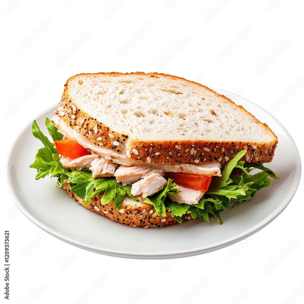 Obraz premium Tuna sandwich on a plate, isolated on a white background, beautifully arranged for presentation. cutout png