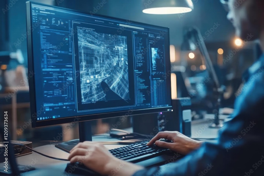Software Engineer Creates Code for Map System Quickly and Efficiently. Programming, Data Analysis, and Software Development. Software Engineer Creates Code for Map System Quickly and Efficiently. Programming, Data Analysis, and Software Development.