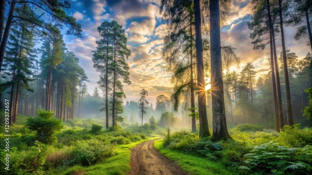 Serene Sunrise Path Through a Misty Forest of Tall Trees Serene Sunrise Path Through a Misty Forest of Tall Trees
