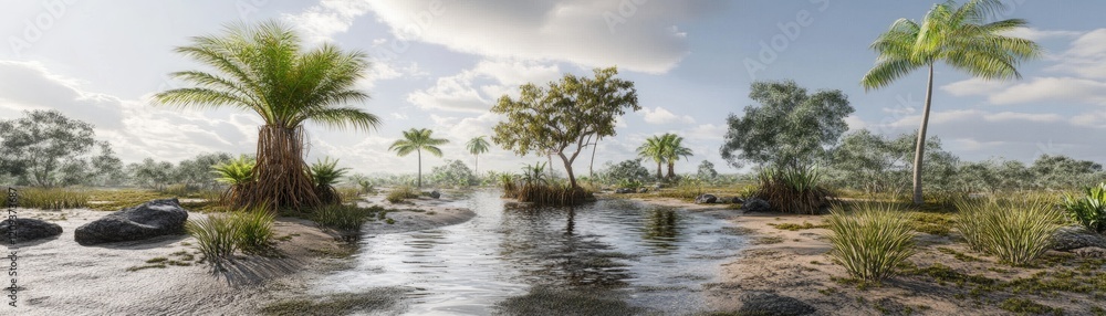 Tropical oasis, calm river, palm trees, sunny day, tranquil background, nature scene Tropical oasis, calm river, palm trees, sunny day, tranquil background, nature scene