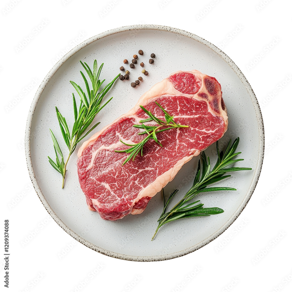 Striploin steak on a plate, isolated on a white background, beautifully presented and mouth-watering. cutout png Striploin steak on a plate, isolated on a white background, beautifully presented and mouth-watering. cutout png