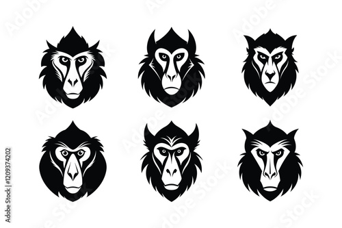 Mandrill (Mandrillus sphinx) mammal animal, labeled silhouette vector art illustration.