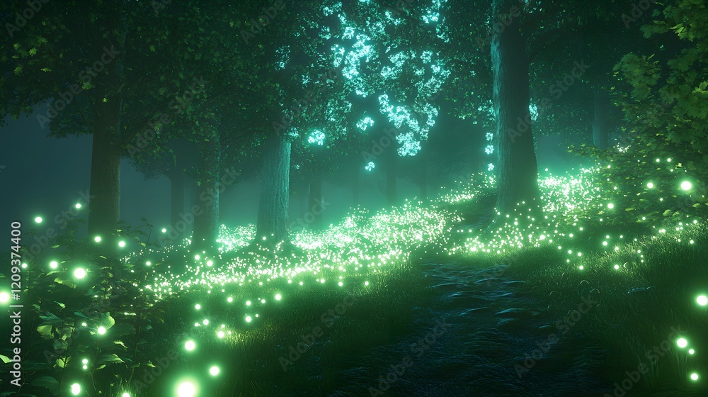 Obraz premium Enchanted Night in Bioluminescent Forest with Glowing Trees and Ethereal Light Effects