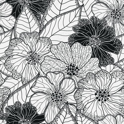 Vector illustration of black and white two-color seamless floral pattern. Floral organic background with flowers and leaves. For textile, wallpaper and packaging. For self-coloring