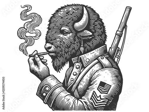 buffalo soldier smoking head adorned with feathers and decorative elements, detailed engraving sketch engraving generative ai vector illustration. Scratch board imitation. Black and white image.