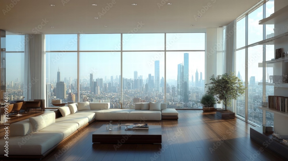 Naklejka premium Modern Apartment Overlooks City Skyline with Panoramic View and Luxury Living. Home Decor Inspiration with Cozy Interior Design and Urban Landscape. Big Windows Showcasing Breathtaking Views.