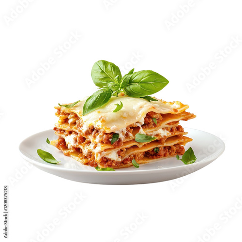 Lasagna on a plate, isolated on a white background, elegantly presented to highlight its delicious layers. cutout png