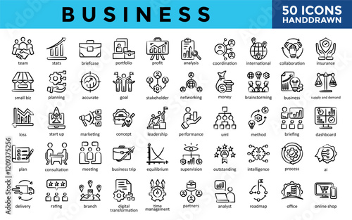 Business icons set with team, stats, briefcase, portfolio, profit, analysis, coordination, international, collaboration, insurance icon. Simple handdrawn vector 
