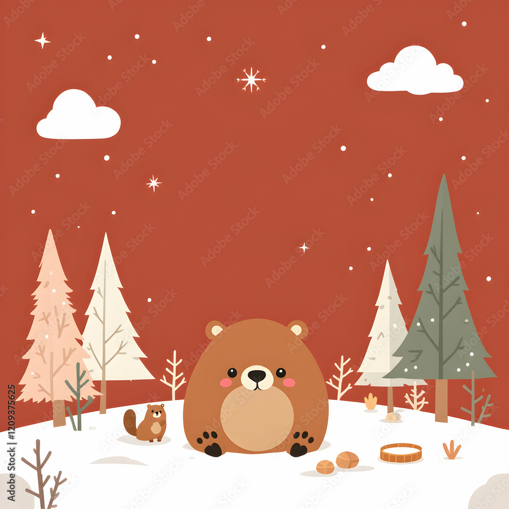 Fototapeta premium Cute Cartoon Animals in a Winter Wonderland with a Bear and a Squirrel Under Snowy Trees