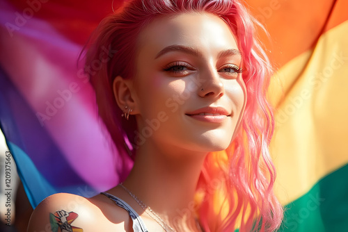 Beautiful lesbian model with pink hair and a rainbow flag at gay pride, pride month, coming out day, lgbt history month, Find a Rainbow Day photo