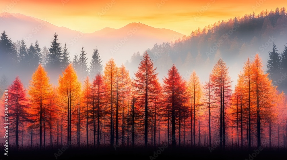 Obraz premium Autumnal sunrise over misty mountain forest