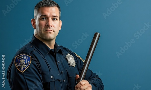 Police officer studio portrait, baton, blue background, law enforcement.