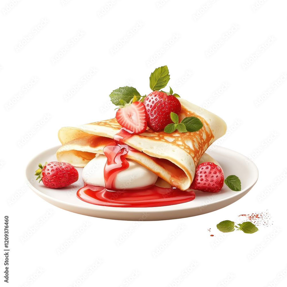 Oozing strawberry sauce on a crepe, isolated on a white background, tempting and visually appetizing. cutout png Oozing strawberry sauce on a crepe, isolated on a white background, tempting and visually appetizing. cutout png