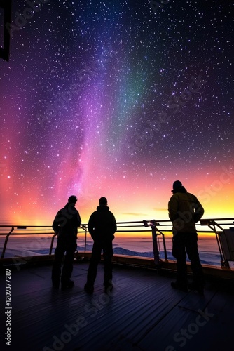 Scientists observing the northern lights from a polar research station, photo