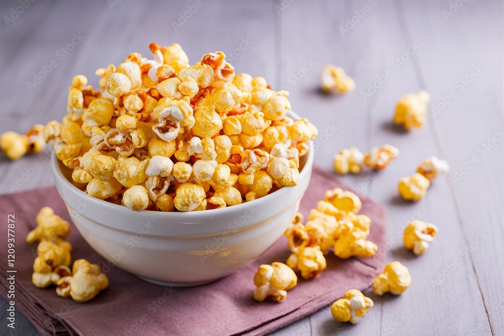 A bowl of popcorn is sitting on a table with a purple cloth underneath it A bowl of popcorn is sitting on a table with a purple cloth underneath it