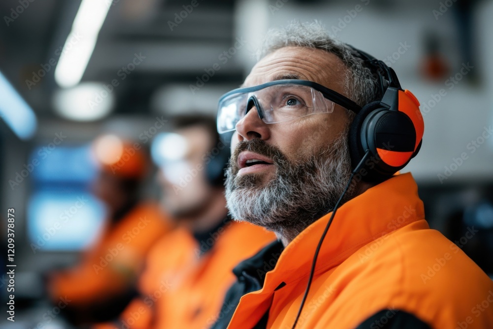 Industrial worker wearing protective gear looking up in a factory Industrial worker wearing protective gear looking up in a factory