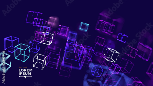 Big Data 3D Cubes Quantum Computer Business Server Concept Background. 3D Blockchain Cube Blocks Concept. Data Core Abstract Cubes. Artificial Intelligence HUD Design Element.
