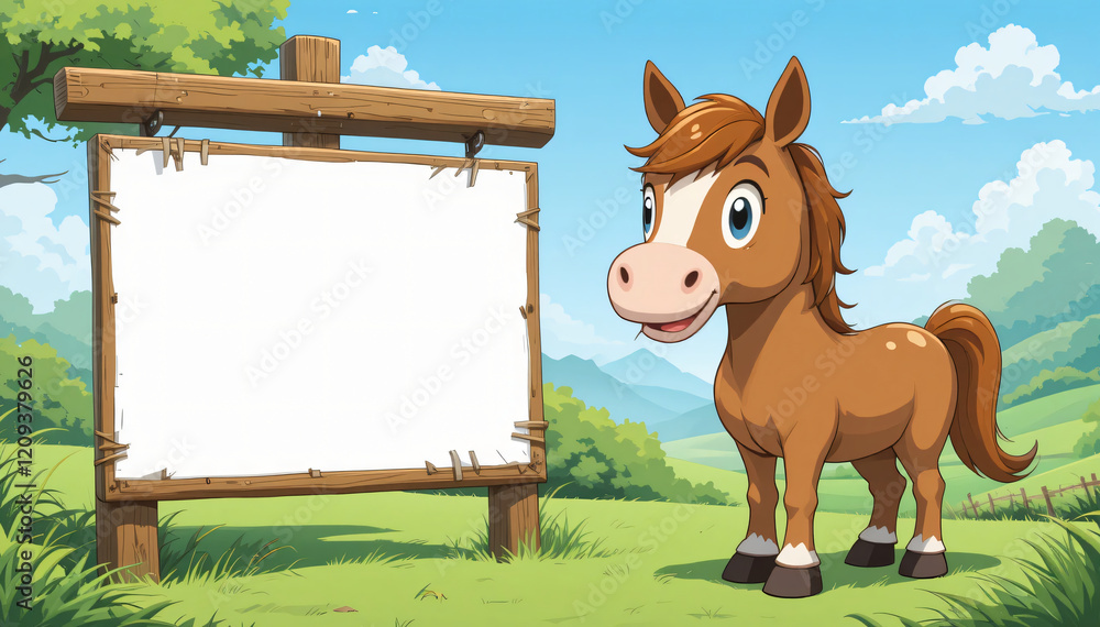 Obraz premium cute cartoon horse in a field with a blank white sign on a wooden post