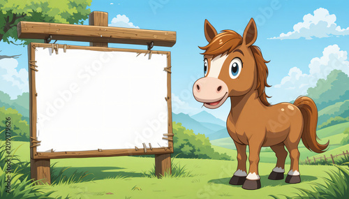 cute cartoon horse in a field with a blank white sign on a wooden post