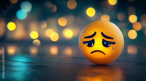 Sad Emoticon 3D rendered with blurred bokeh background