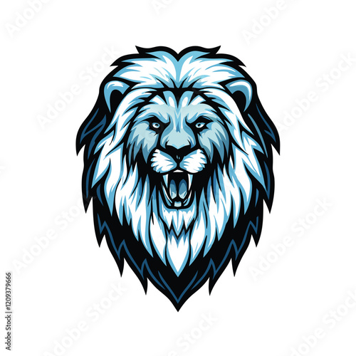 A majestic lion roaring fiercely, its mane and body encased in a shimmering, icy frost.