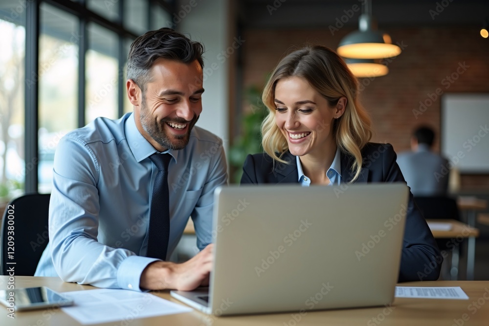Happy Professional Business Man and Woman Working on a Laptop at an Office Meeting, Two Busy Colleagues Collaborating and Discussing a Business Plan Together. Generative AI Happy Professional Business Man and Woman Working on a Laptop at an Office Meeting, Two Busy Colleagues Collaborating and Discussing a Business Plan Together. Generative AI