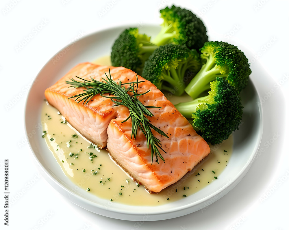 Poached salmon with dill sauce and steamed broccoli. Generative AI Poached salmon with dill sauce and steamed broccoli. Generative AI