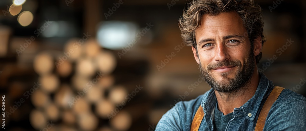 Fototapeta premium Smiling man in a lumber store, casual setting, warm lighting, depth of field