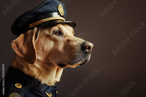 An adorable dog in a police officer's uniform, standing proudly photo