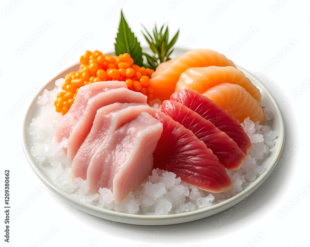 Sashimi platter with slices of tuna, salmon, and yellowtail, served on crushed ice. Generative AI Sashimi platter with slices of tuna, salmon, and yellowtail, served on crushed ice. Generative AI