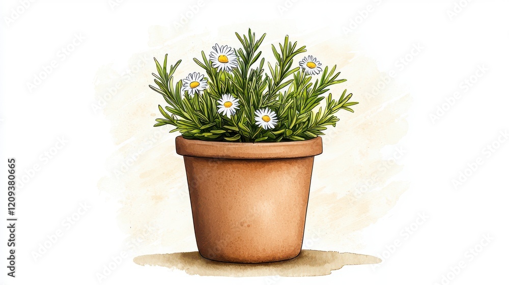 Serene Rosemary and Daisies in a Terracotta Pot: A Simple Botanical Illustration