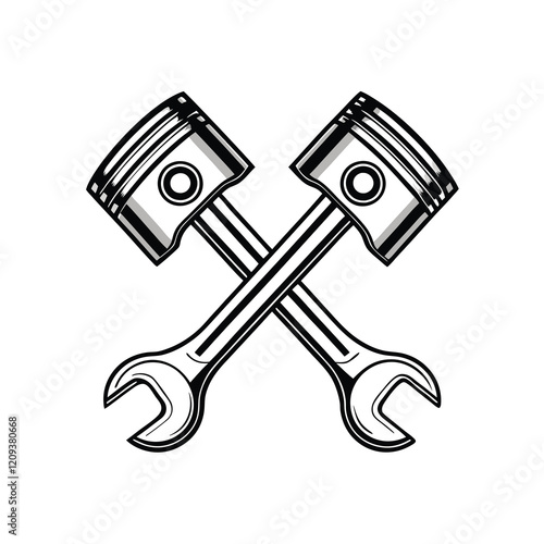 A minimalist illustration of a wrench and piston crossed, forming an 'X', in a simple, modern style.