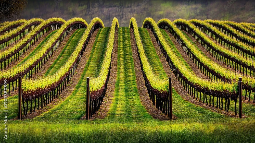 Fototapeta premium Spring vineyard rows, hillside, green grass, agriculture