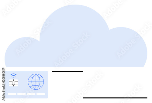 Large blue cloud with a digital chip card featuring a wireless signal and globe icon. Ideal for cloud storage, global communication, internet, IoT, fintech, data security, and digital innovation