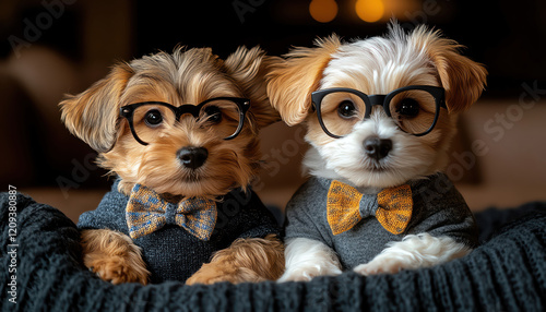 Two puppies with glasses and bow ties, indoor setting, cute and playful photo