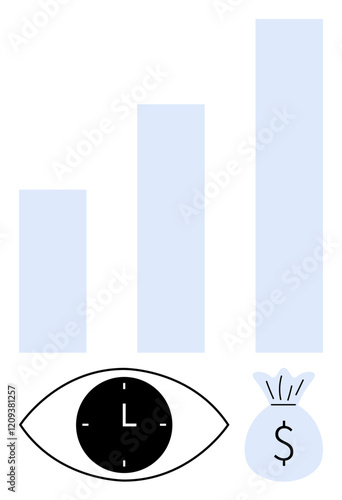 Vertical bar chart with light blue bars, black eye with clock pupil, and light blue money bag. Ideal for finance, productivity, time, growth, planning strategy investment. Abstract line flat