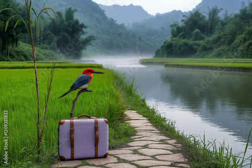 a riverside in Vietnam, surrounded by lush green rice paddies and gentle mist rising from the water. A soft lavender-colored traveler suitcase sits on a small stone pathway photo