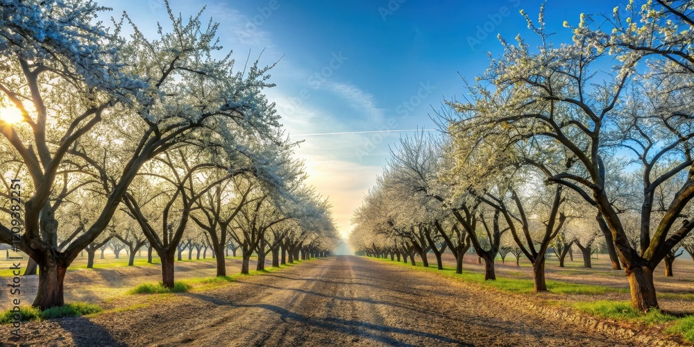 Golden Hour in a Blossoming Orchard, a Serene Pathway Lined with Delicate White Flowers and Sunlight Filtering Through Branches Golden Hour in a Blossoming Orchard, a Serene Pathway Lined with Delicate White Flowers and Sunlight Filtering Through Branches