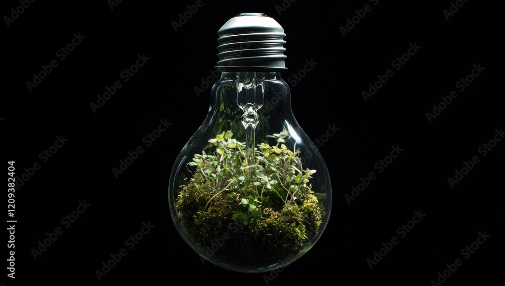 An open lightbulb with moss and small plants inside.
An open lightbulb with moss and small plants inside.