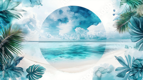 Tropical Maldives scene with a double exposure effect, combining serene blue waters and idyllic sandy beaches with abstract watercolor textures. photo