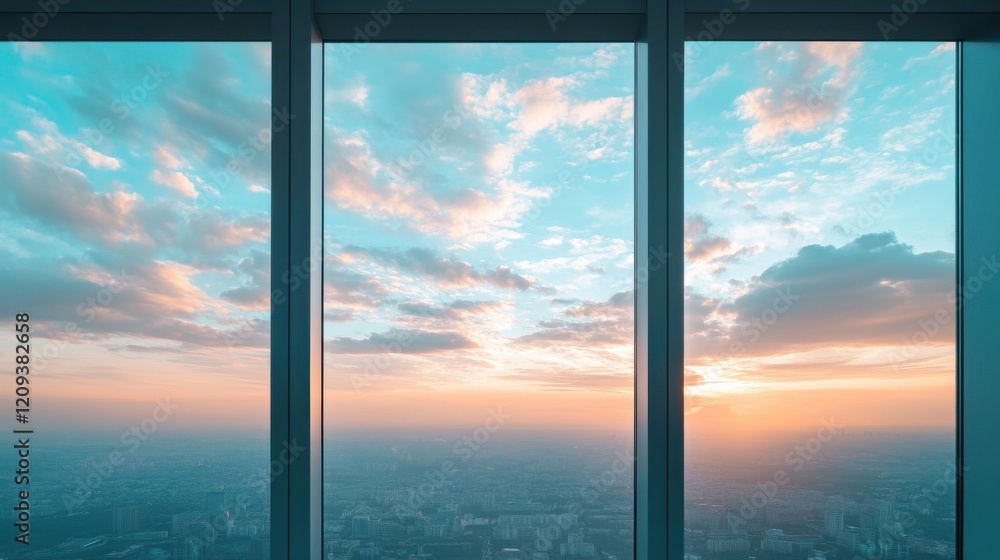 Beautiful sunset view from a high-rise building through large glass windows. Beautiful sunset view from a high-rise building through large glass windows.