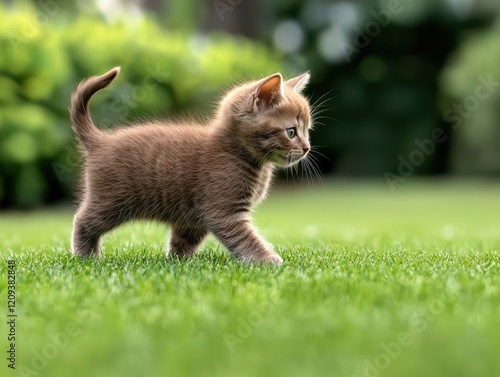 A fluffy brown kitten walks playfully across a vibrant green lawn, surrounded by soft sunlight and a serene garden backdrop.