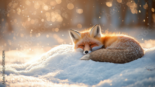 A winter morning scene with a cute curled-up fox sleeping on a fluffy blanket of snow, bathed in a soft, warm sunlit glow. photo