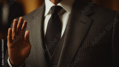 A close-up focus on the chest and hand of a man in a dark, sharp suit with a necktie. His hand is raised in a confident gesture, palm open and slightly angled downward photo