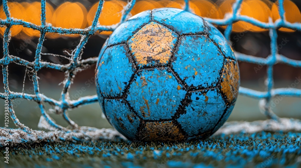 Worn soccer ball in net, frosty ground, blurred lights. Worn soccer ball in net, frosty ground, blurred lights.