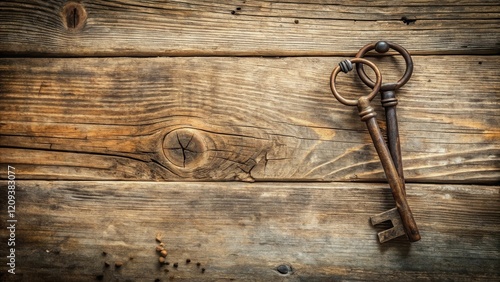 Rustic Wooden Background Featuring Two Antique Keys, Symbolic of Nostalgia, Mystery, and Forgotten Treasures