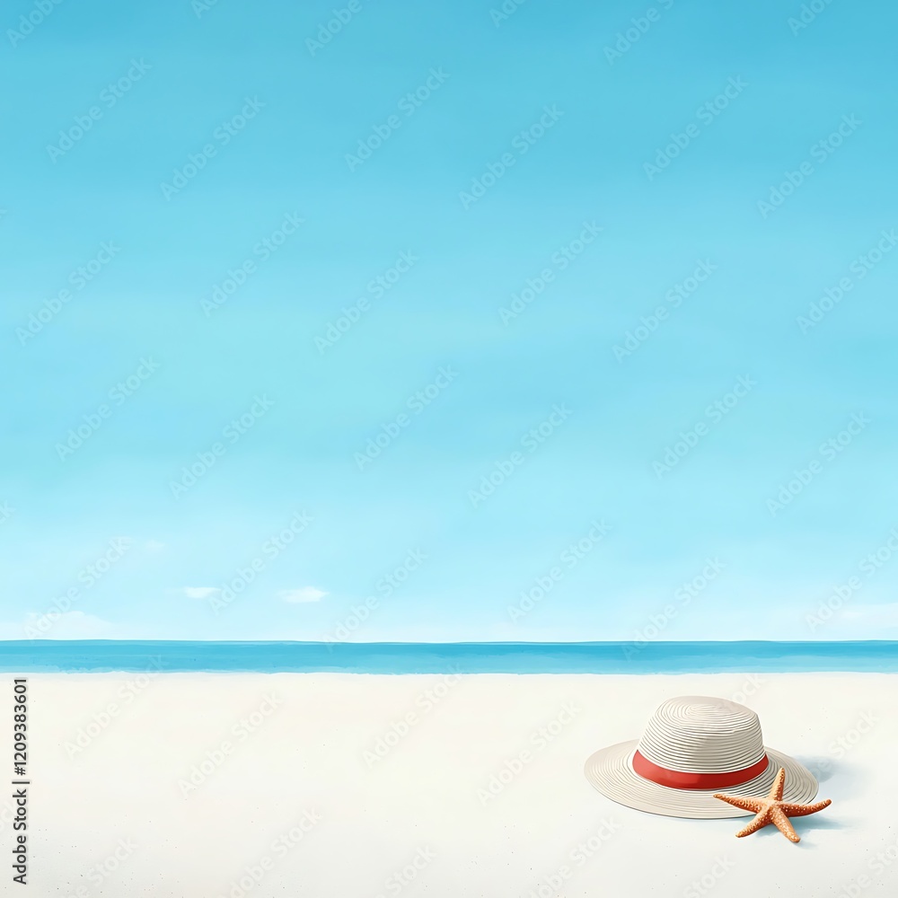 A beach hat adorned with a starfish rests on soft sandy shores under a bright blue sky. Ideal for summer vacation themes and seaside relaxation imagery. A beach hat adorned with a starfish rests on soft sandy shores under a bright blue sky. Ideal for summer vacation themes and seaside relaxation imagery.
