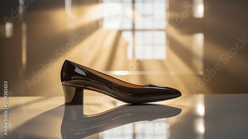 A office scene showcasing a single elegant low-heeled shoe placed on a minimalist desk. photo